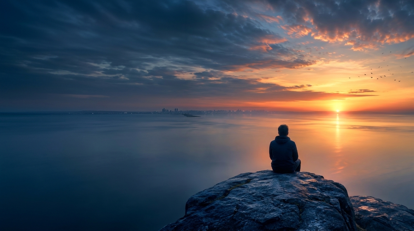 Une silhouette assise sur un rocher face à l’eau et à un coucher de soleil doré